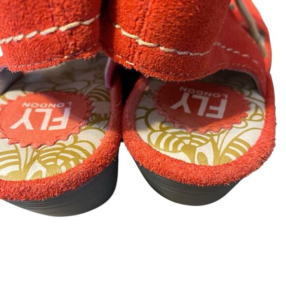 Fly London Yaba Tomato Red Suede Ankle Lace Up Wedges size 36 US 6 - Picture 5 of 9